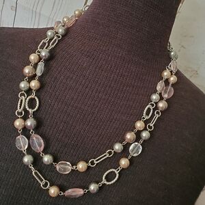 Premier Designs silvertone faux pearl and bead necklace pink and gray